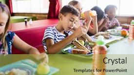  Presentation with canteen - Amazing PPT theme having cantine - children eating at the canteen backdrop and a yellow colored foreground