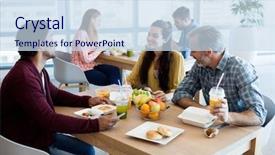  Presentation with creative - PPT theme having cantine - creative business team discussing while background and a sky blue colored foreground