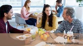  Presentation with creative - Slides having cantine - creative business team discussing while background and a coral colored foreground