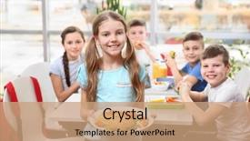  Presentation with school cafeteria - Slide deck enhanced with cantine - cute girl holding plate background and a coral colored foreground