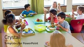  Presentation with canteen - PPT layouts consisting of cantine - cute schoolchildren having meal background and a coral colored foreground