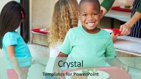  Presentation with elementary - Beautiful presentation design featuring cantine - elementary pupils collecting healthy lunch backdrop and a mint green colored foreground