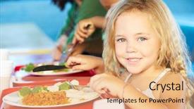  Presentation with elementary - PPT theme having cantine - elementary pupils enjoying healthy lunch background and a coral colored foreground