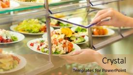  Presentation with food service - Presentation design having cantine - fresh salad buffet self-service food background and a yellow colored foreground