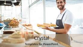  Presentation with happy anniversay work - Slide deck with cantine - happy worker holding sandwiches background and a coral colored foreground