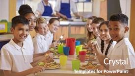  Presentation with school cafeteria - PPT theme featuring cantine - kids at a table background and a coral colored foreground