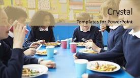  Presentation with eating - PPT theme featuring cantine - schoolchildren sitting at table eating background and a coral colored foreground