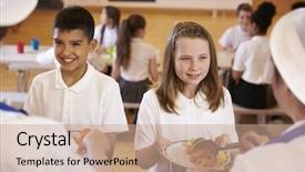  Presentation with school cafeteria - Presentation design having cantine - shoulder view of kids being background and a coral colored foreground