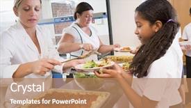  Presentation with cafeteria - Beautiful slide deck featuring cantine - students in cafeteria line being backdrop and a coral colored foreground