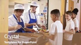  Presentation with queue - Amazing PPT theme having cantine - two women serving food backdrop and a coral colored foreground