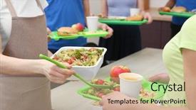  Presentation with canteen - PPT theme featuring cantine - young woman serving lunch background and a soft green colored foreground