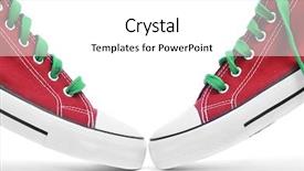  Presentation with red yellow green blue jigsaw - Presentation enhanced with canvas shoes - pair of red sneakers background and a white colored foreground