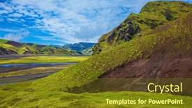  Presentation with green hills - Presentation consisting of canyon pakgil july day picturesque basalt hills covered with green grass and moss-polar streams from melting glaciers flowing down the canyon background and a tawny brown colored foreground
