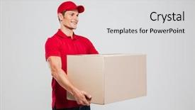  Presentation with box - Colorful slides enhanced with cap - side view of young delivery backdrop and a light gray colored foreground