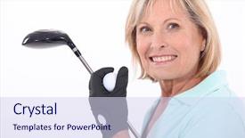  Presentation with golf - Presentation theme consisting of capability maturity - mature blonde woman taking golf background and a sky blue colored foreground