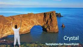  Presentation with iceland - Audience pleasing slide deck consisting of cape dirkholaey in the south of iceland the enthusiastic woman- tourist welcomes the rock - elephant backdrop and a ocean colored foreground