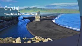  Presentation with volcanic rock - Slides consisting of cape dirkholaey in the south of iceland on beach with black volcanic sand there is a huge rock in the form of a palm background and a teal colored foreground