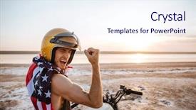  Presentation with gold man smile - PPT theme with cape sitting on his motocycle background and a sky blue colored foreground