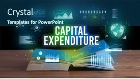  Presentation with capital expenditure - PPT layouts having capital-expenditure-inscription-coming-out background and a ocean colored foreground