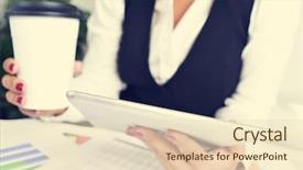  Presentation with computer burn - Colorful presentation theme enhanced with capital gains losses - young businesswoman using a tablet backdrop and a  colored foreground