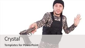  Presentation with military vietnam - Presentation featuring capitulation - surrendering man in military uniform background and a light gray colored foreground