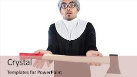  Presentation with nun - Audience pleasing slide deck consisting of capitulation - young man wearing as nun backdrop and a coral colored foreground