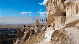  Presentation with ancient doorway - Presentation theme consisting of cappadocia-landscape-a-tourist-sits background and a coral colored foreground