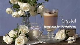  Presentation with cappuccino - Amazing PPT theme having cappuccino coffee with milk and white roses backdrop and a gray colored foreground