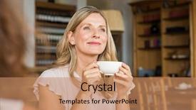  Presentation with cappuccino - Cool new slide deck with cappucino - mature woman holding coffee cup backdrop and a coral colored foreground