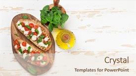  Presentation with italian food cooking tomatoes basil - PPT theme having caprese bruschetta toasts with cherry background and a sky blue colored foreground