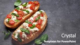  Presentation with italian food cooking tomatoes basil - Colorful presentation enhanced with caprese bruschetta toasts with mozzarella backdrop and a gray colored foreground