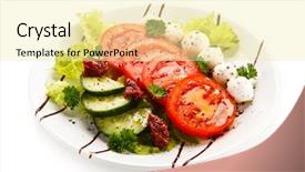  Presentation with fresh fruits salad on white - Presentation featuring caprese salad on white background background and a blonde colored foreground