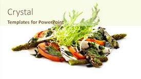  Presentation with salad dressing - PPT theme consisting of caprese salad - salad with tomatoes mozzarella cheese asparagus balsamic salad dressing with pesto sauce background and a soft green colored foreground