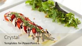  Presentation with salad dressing - PPT layouts enhanced with caprese salad - salad with tomatoes mozzarella cheese balsamic salad dressing with pesto sauce and rocket salad background and a coral colored foreground