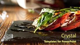  Presentation with salad dressing - Beautiful presentation featuring caprese salad - salad with tomatoes mozzarella cheese basil asparagus and balsamic salad dressing with pesto sauce backdrop and a wine colored foreground