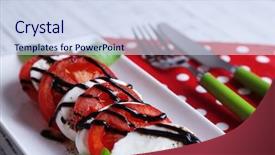  Presentation with table napkin - Cool new PPT layouts with caprese salad with mozarella cheese tomatoes and basil on plate on napkin on wooden table background backdrop and a sky blue colored foreground