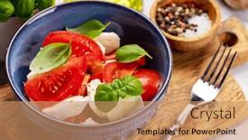  Presentation with mozzarella cheese - PPT theme featuring caprese-salad-with-ripe-tomatoes background and a coral colored foreground