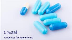  Presentation with drugs - Cool new slide deck with capsule heap mix therapy drugs backdrop and a sky blue colored foreground