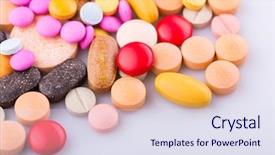  Presentation with tablets - Theme consisting of capsule heap mix therapy drugs background and a sky blue colored foreground