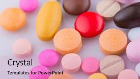  Presentation with colorful of antibiotics capsule pills - Audience pleasing slide set consisting of capsule heap mix therapy drugs backdrop and a coral colored foreground