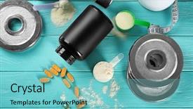  Presentation with protein - Slide deck consisting of capsule powders - composition with protein powder weight background and a seafoam green colored foreground