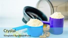  Presentation with protein - Beautiful slides featuring capsule powders - sport pills vitamins and protein backdrop and a light blue colored foreground