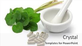  Presentation with mortar - Amazing PPT theme having capsules leaf - gotu kola asiatic pennywort centella backdrop and a white colored foreground