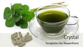  Presentation with supplement - Presentation theme enhanced with capsules leaf - gotu kola supplement pennywort drink background and a mint green colored foreground