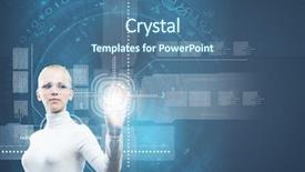  Presentation with elecronic media - Colorful presentation design enhanced with capteur - woman in white touching icon backdrop and a ocean colored foreground