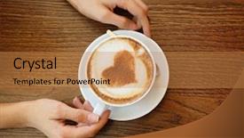  Presentation with cafe - Beautiful PPT theme featuring capuccino - female hands with cup backdrop and a coral colored foreground