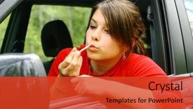  Presentation with blush brushes lip gloss - Colorful PPT layouts enhanced with first car - girl getting lips gloss backdrop and a red colored foreground
