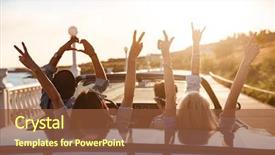  Presentation with friends - Slide deck featuring car - group of happy young friends background and a tawny brown colored foreground