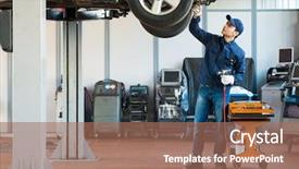  Presentation with garage car - Presentation design featuring car - portrait of a mechanic background and a coral colored foreground