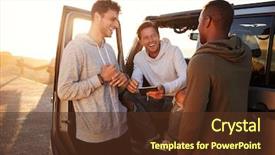  Presentation with road trip - Theme consisting of car - three male friends background and a tawny brown colored foreground